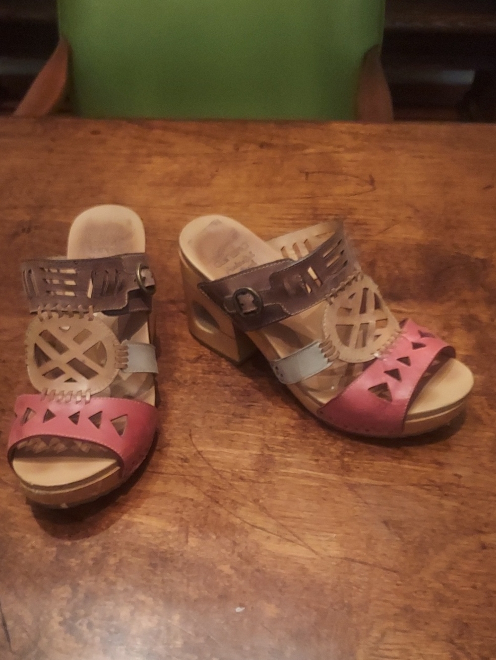 Dansko Multicolor Leather Cutout Block Heel Mules - Pink, Tan & Brown